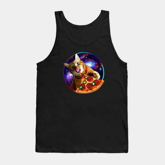 Funny Orange Cat eating Pizza in Space Tank Top by dukito